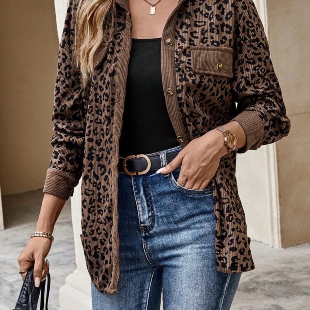 EMERY ROSE Women's Leopard Print Front Button Casual Long Sleeve Regular Jacket